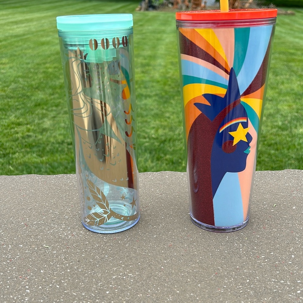 Two STARBUCKS cups tumblers good mermaid and rainbow woman 24 / 16 ounces straw
